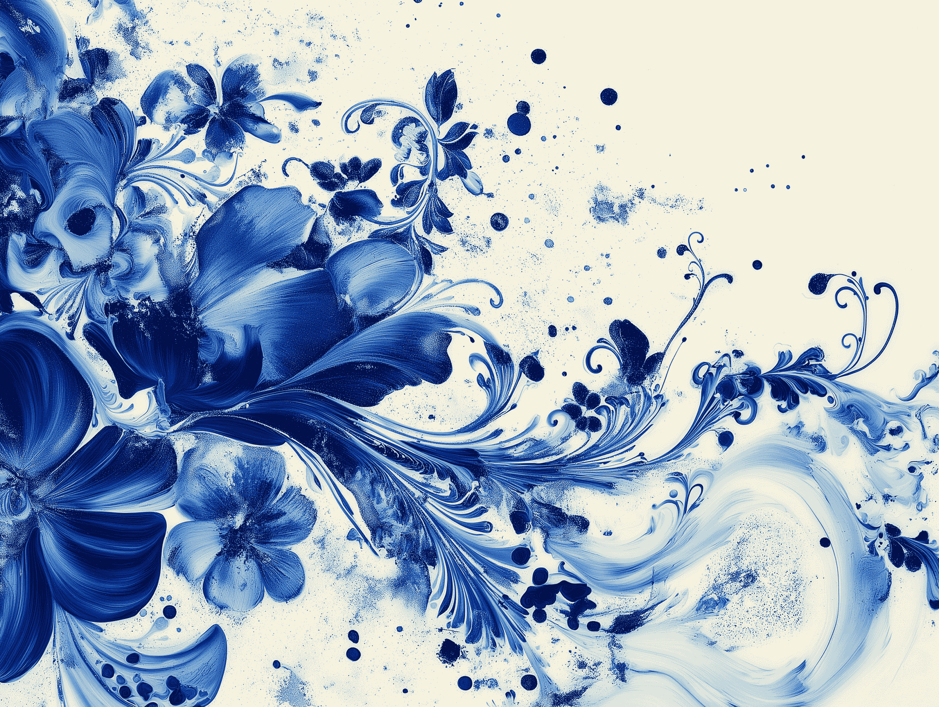 Illustratie van een Delfts Blauw patroon, ontworpen voor Delft Denim. Het bevat sierlijke bloemen en krullen in verschillende blauwtinten, uitgevoerd in een penseelachtige, dynamische stijl. De lichte achtergrond versterkt het contrast en benadrukt de klassieke uitstraling van het Delfts Blauw, gecombineerd met een moderne twist.