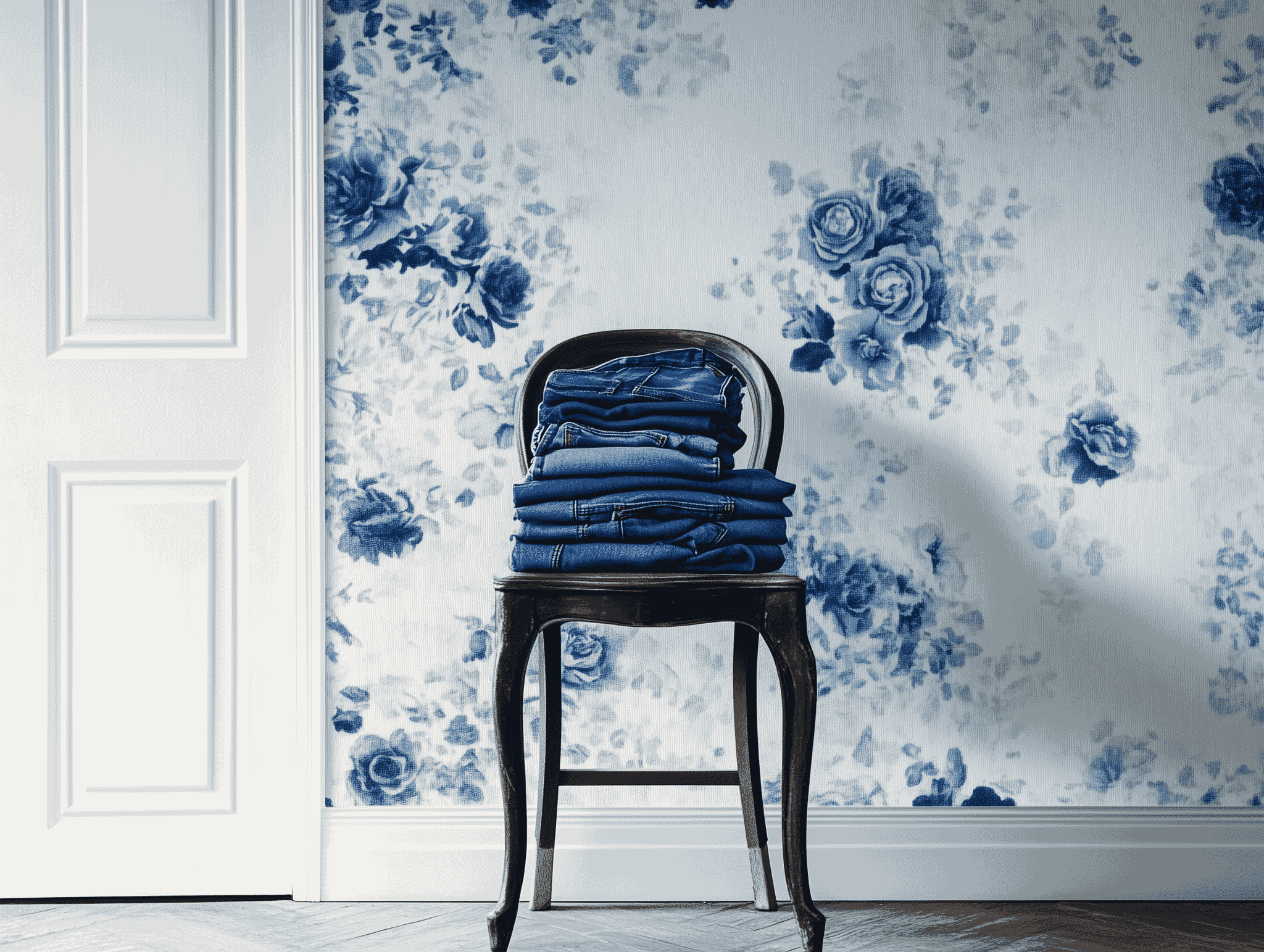 Een stapel blauwe jeans van Delft Denim ligt netjes op een donkere houten stoel. De achtergrond is voorzien van een stijlvol Delfts Blauw bloemenpatroon op een lichte muur, wat een klassieke en moderne sfeer combineert. Een witte deur links zorgt voor een helder contrast met de rest van de setting.